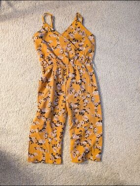 4T Floral Spaghetti-Strap Jumpsuit in Mustard Yellow